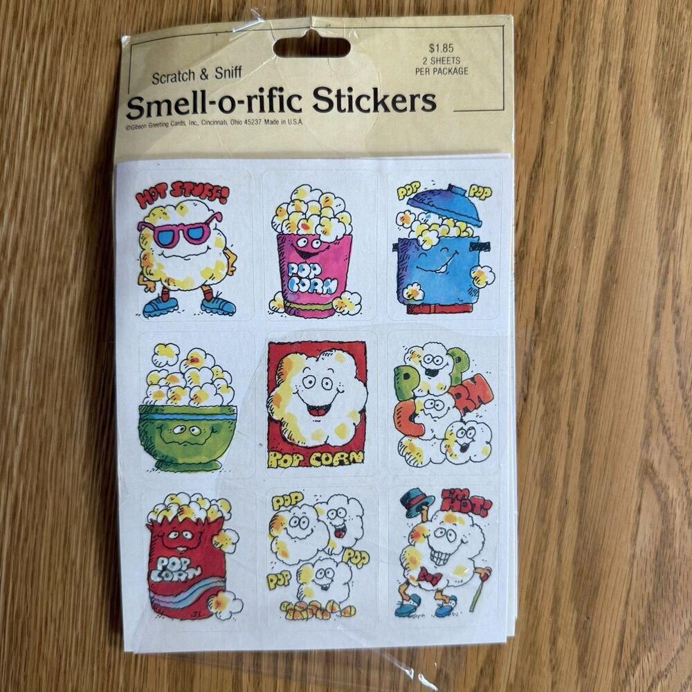 Vintage Gibson Greeting Cards “Smell-o-rific Stickers” – Scratch & Sniff Popcorn